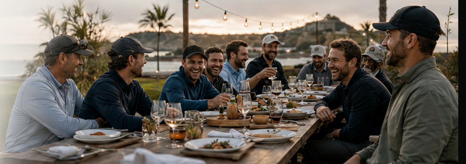 A golf group talking together over dinner