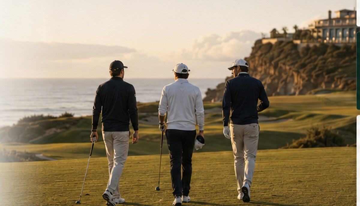 A golf group walking toward a clubhouse event