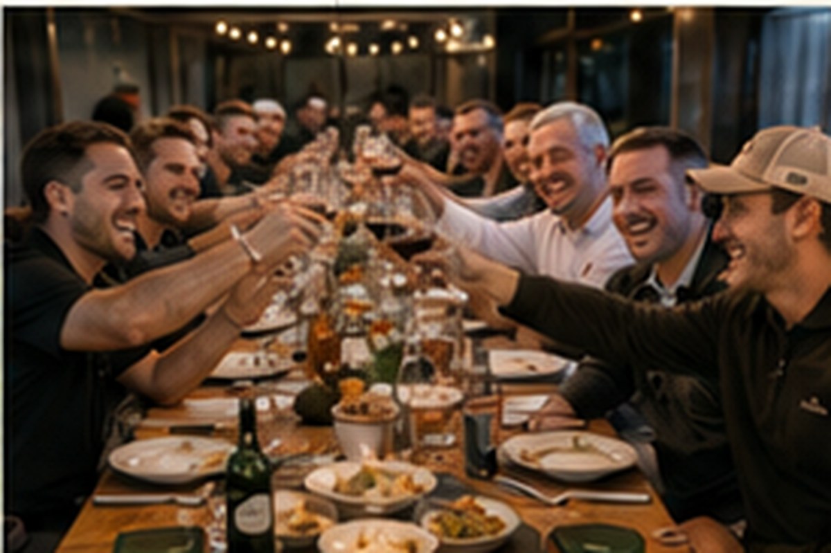 A golf group raising glasses together at dinner