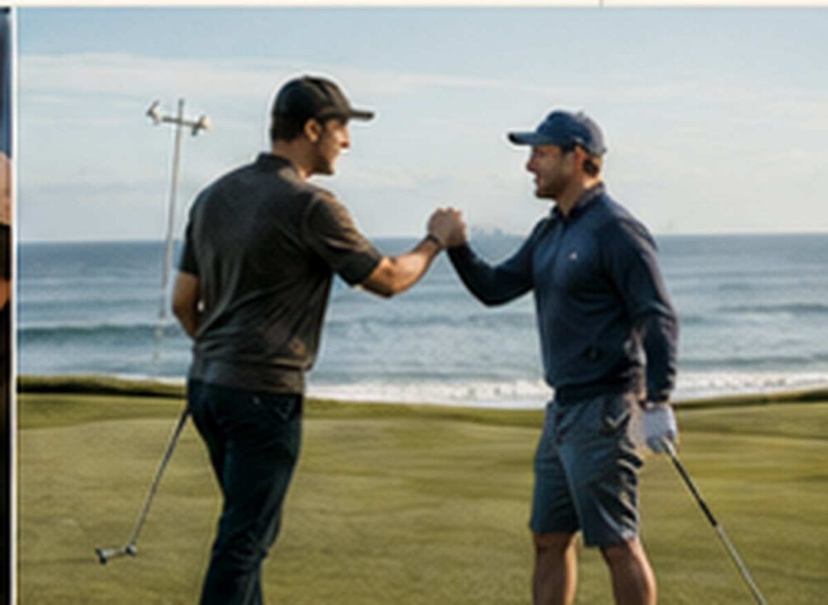 Golfers celebrating a result by the ocean