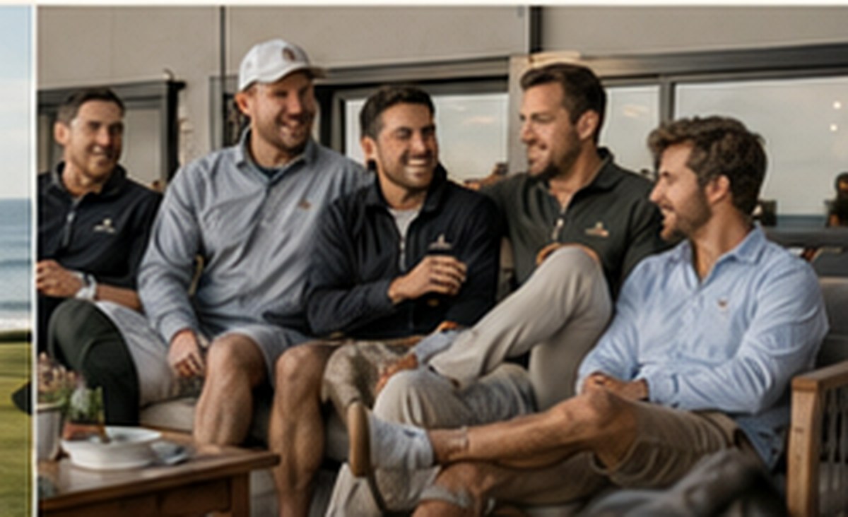 Friends reliving a golf trip together