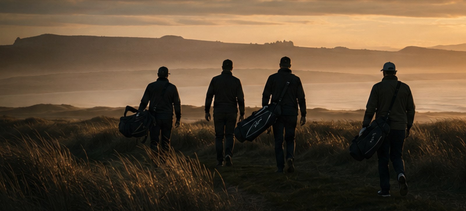 A golf group walking through coastal dunes