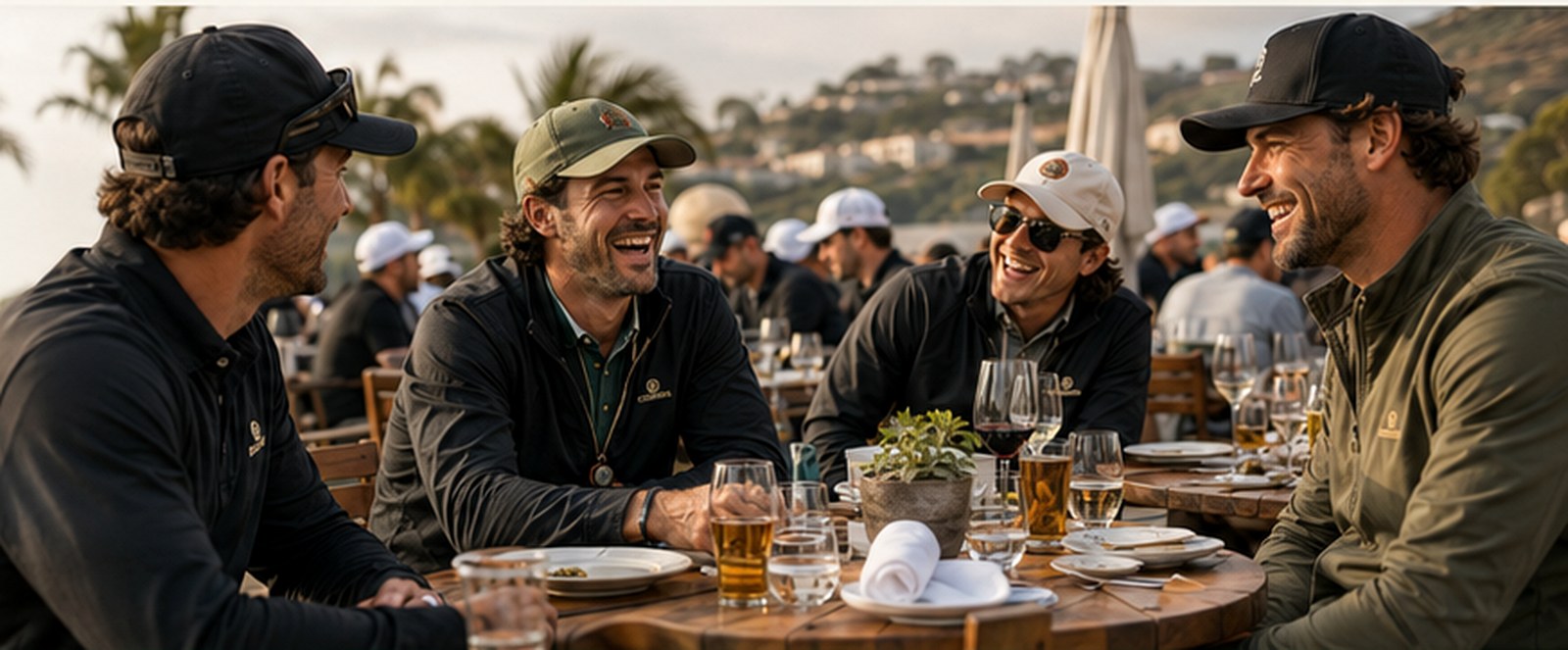 A golf group sharing dinner and stories after a round