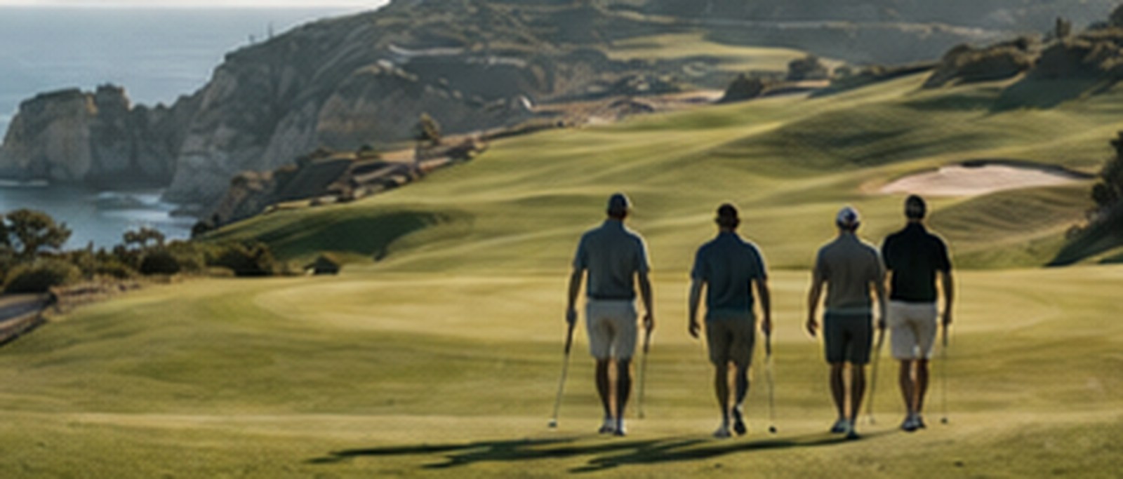 A group walking together across a coastal course